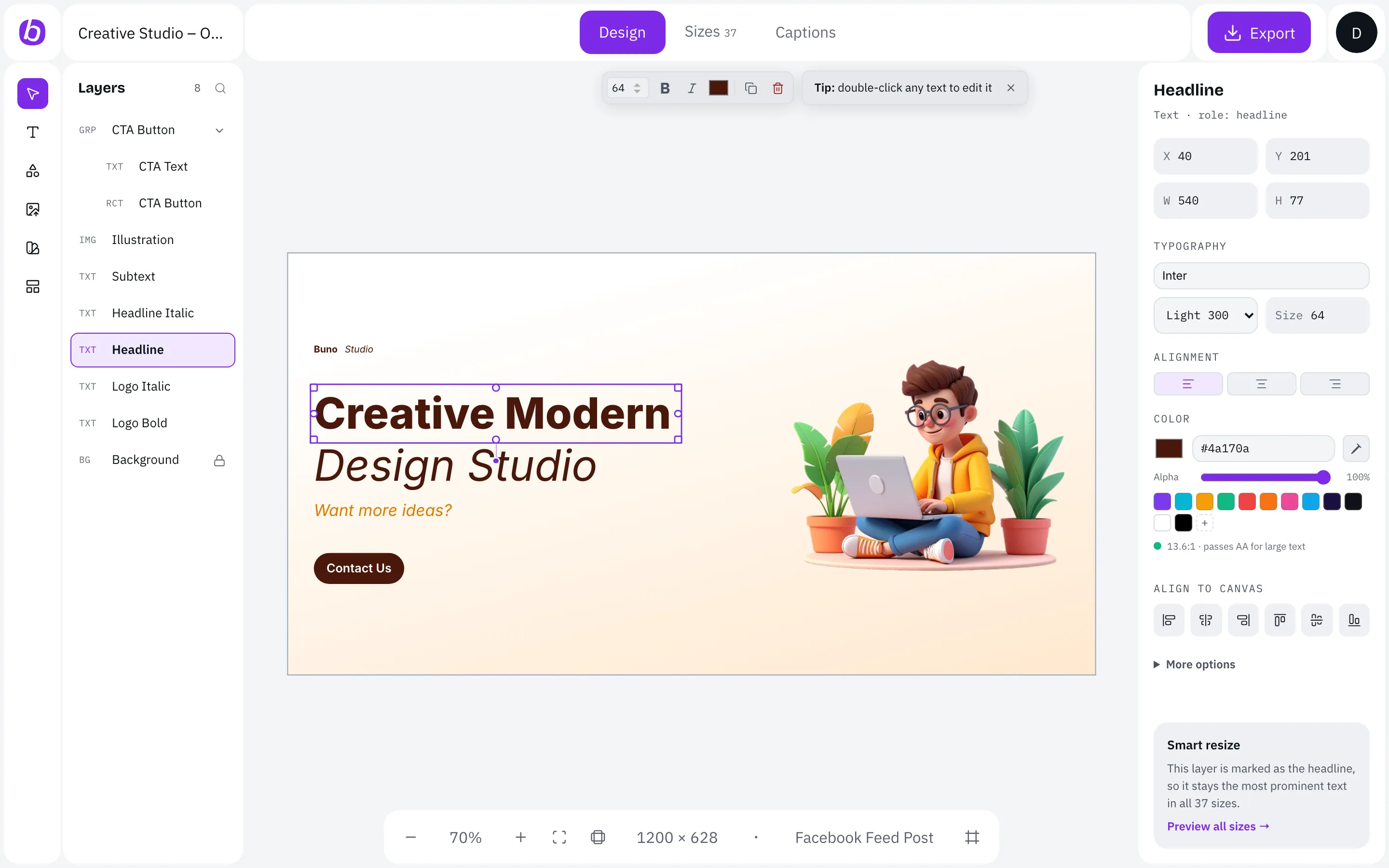 Buno editor with the headline selected, its role, contrast check and smart resize note.