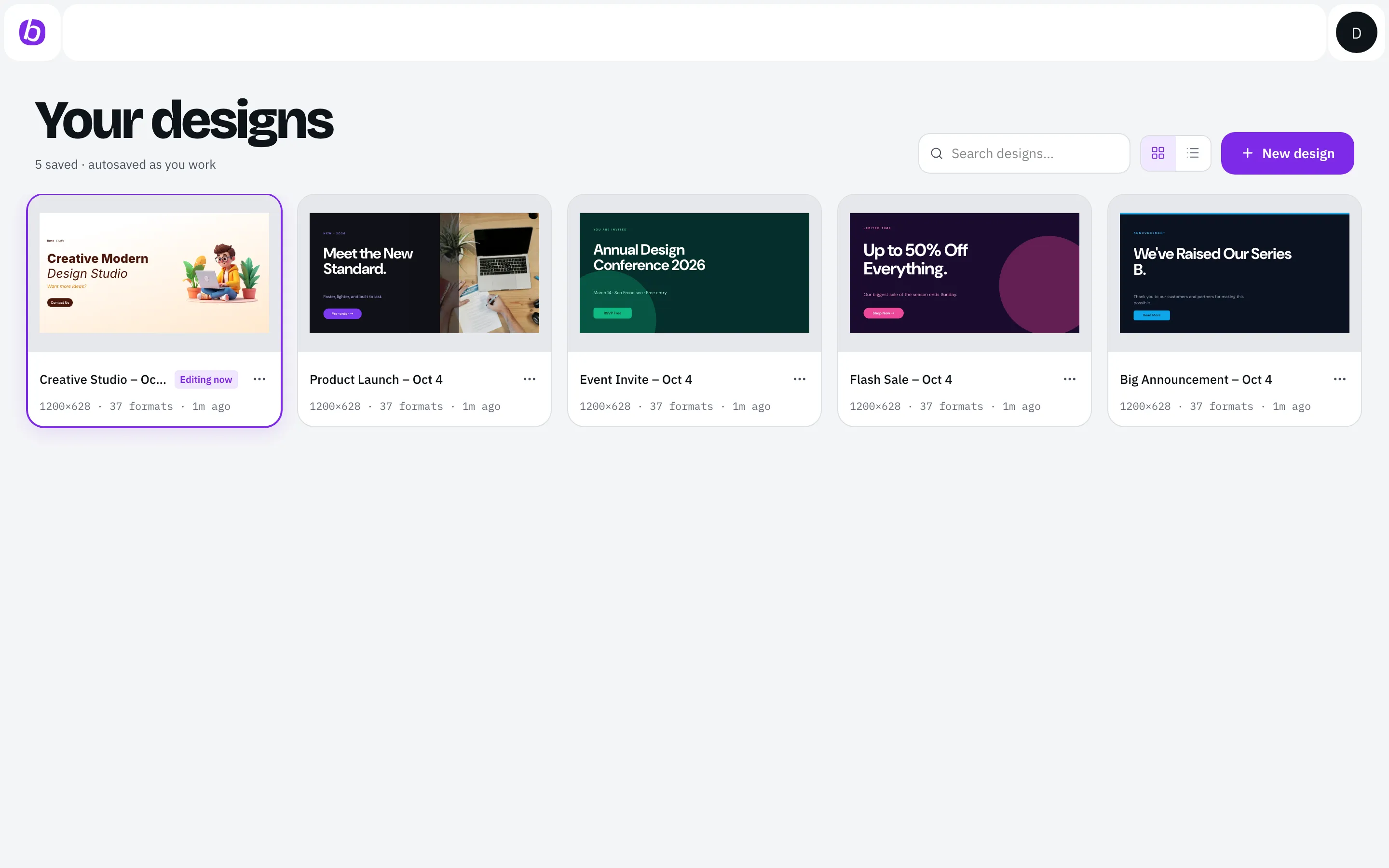 Your designs in Buno: five banners built with photos and illustrations, each saved with 37 formats.