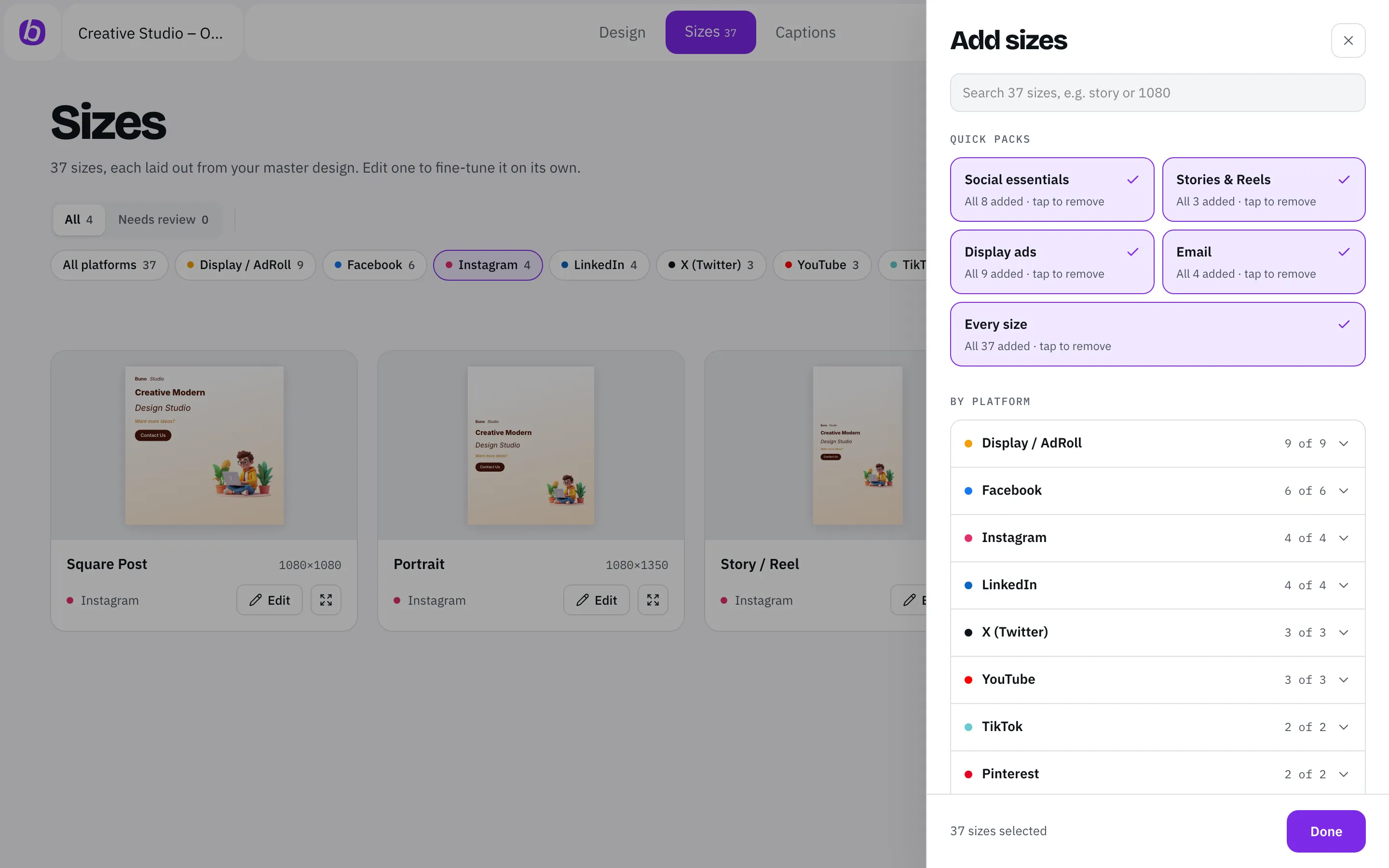 The Buno Add sizes drawer with quick packs like Social essentials and Display ads, and every size listed by platform.